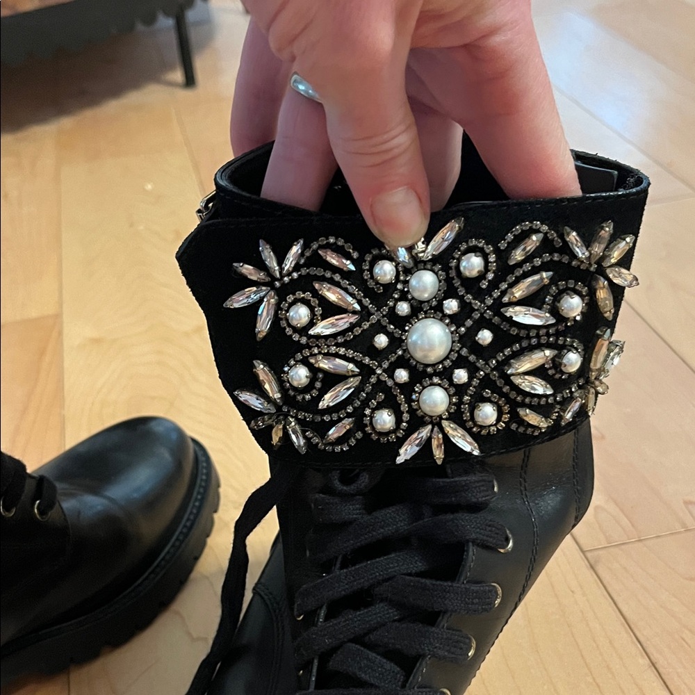Rare Rene Caovilla Black Crystal Embellished Suede Combat Boots Size 38.5 - Picture 12 of 16